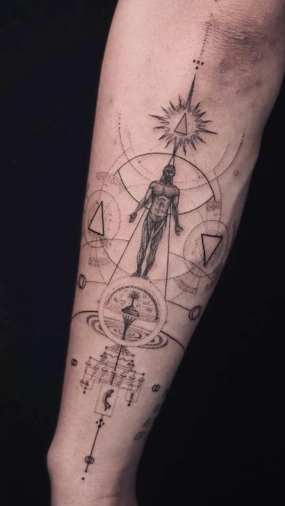 Geometric forearm tattoo with abstract human form, triangles, and cosmic design elements.