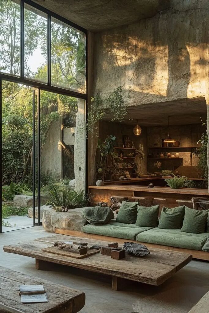 Rustic living room with large windows, green cushions, wooden furniture, and lush indoor plants. Cozy and natural ambiance.