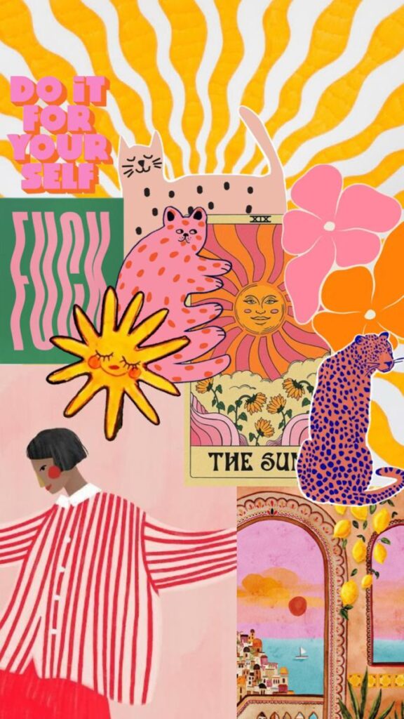 Colorful collage with inspirational text, playful cats, sun motifs, and vibrant patterns conveying positivity and creativity.