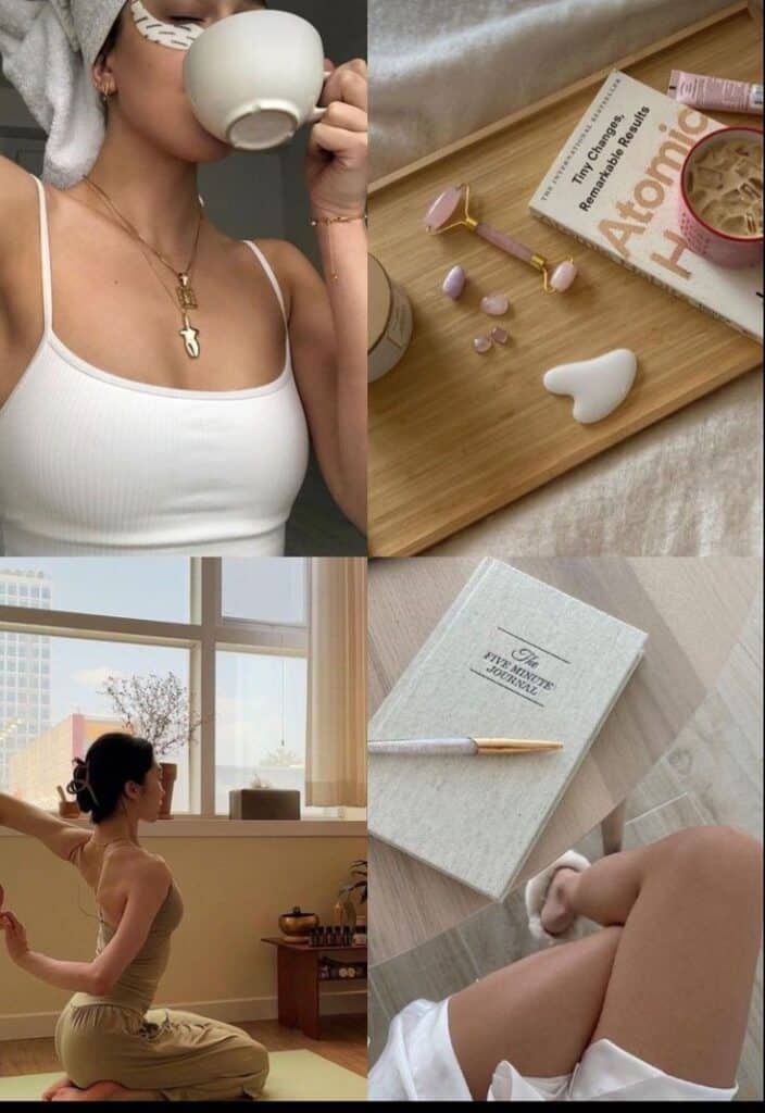 Woman enjoying tea, skincare tools, meditating by window, and journaling; a peaceful self-care routine collage.