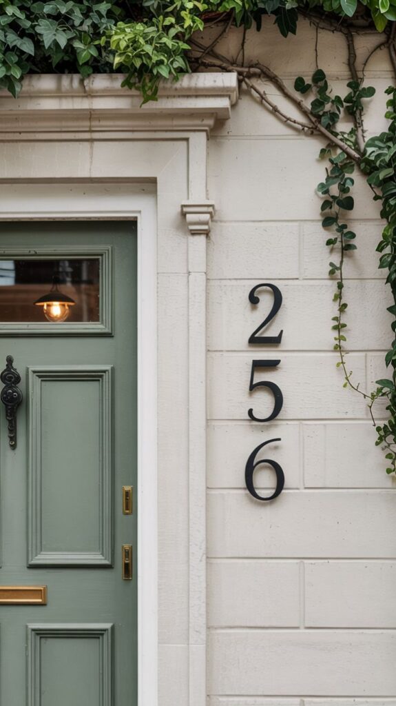 Green front door with the house number 256 on a white wall, accented by leafy vines above.
