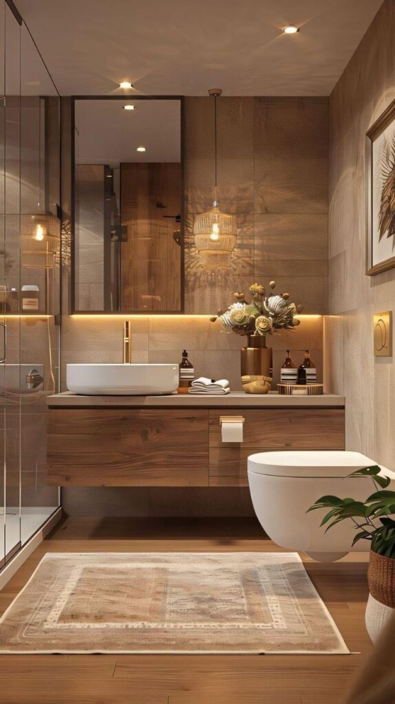 Modern bathroom with wooden cabinets, white sink, and elegant decor under warm lighting.