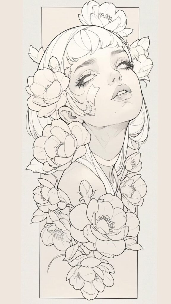 Line art of a dreamy woman with flowers in her hair, creating an elegant, floral-themed illustration.