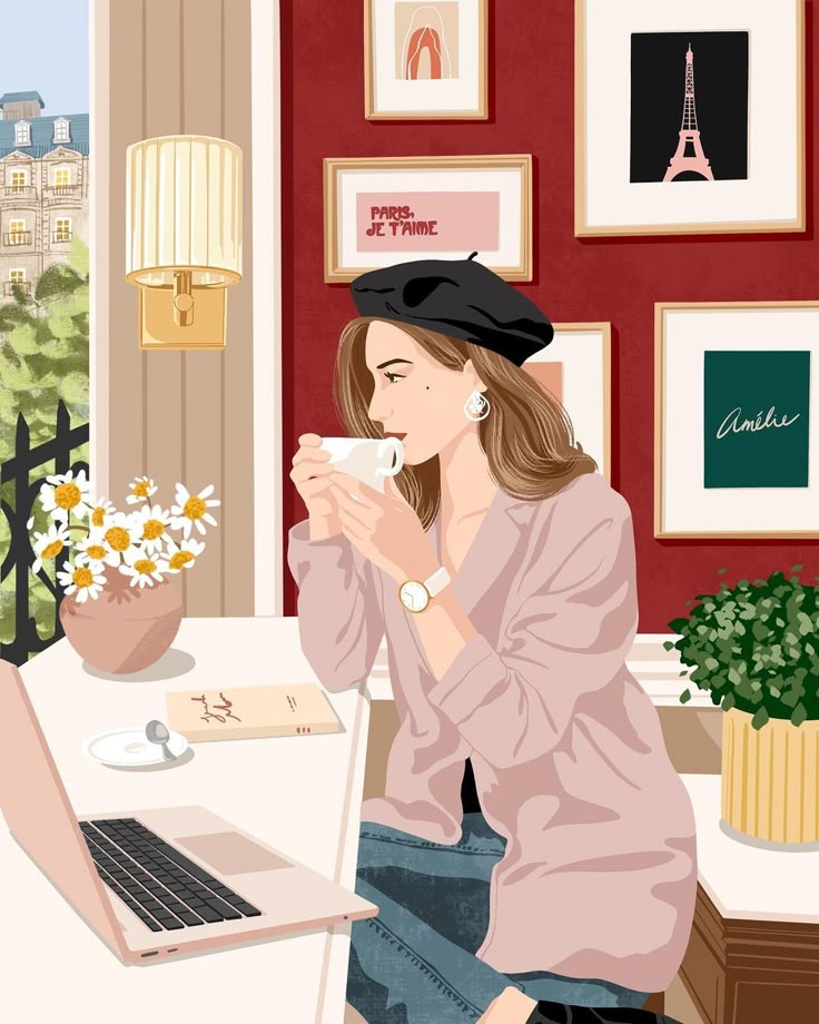Illustration of a woman in a Parisian café, sipping coffee, with a laptop and framed art of the Eiffel Tower behind her.