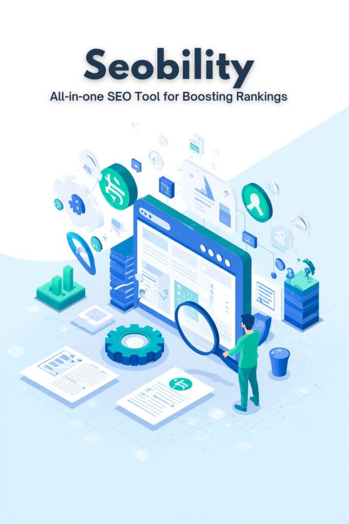 Illustration promoting Seobility, an all-in-one SEO tool for improving website rankings, with analytics and graphs.