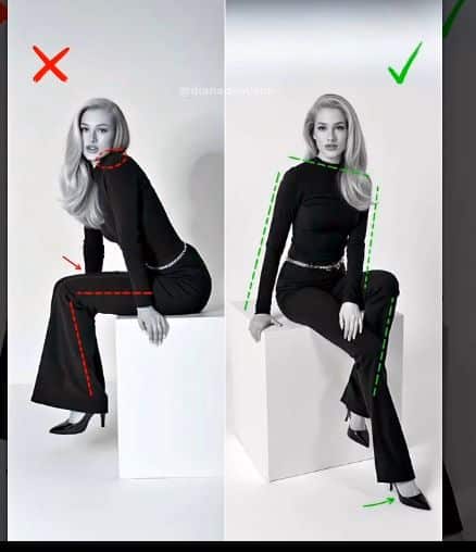 Woman demonstrating incorrect and correct sitting posture on a box with visual guides, highlighting elegance and confidence.