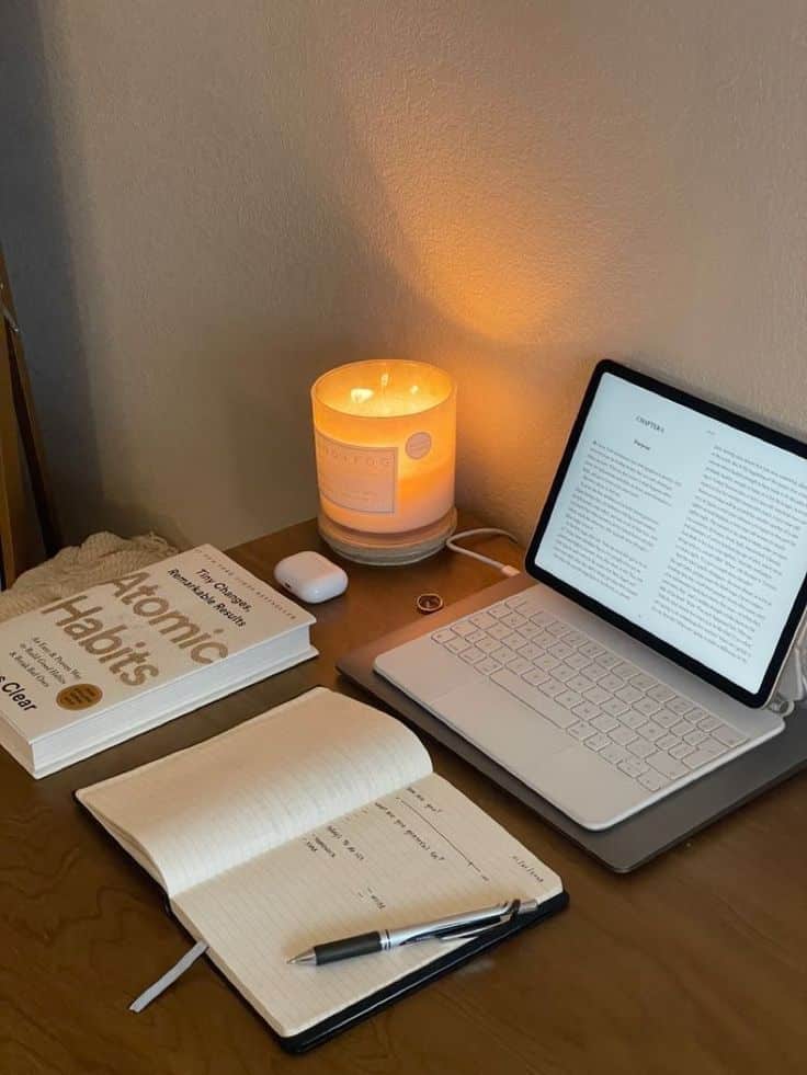 Cozy workspace with laptop, open notebook, book, candle, and wireless earbuds on wooden desk.