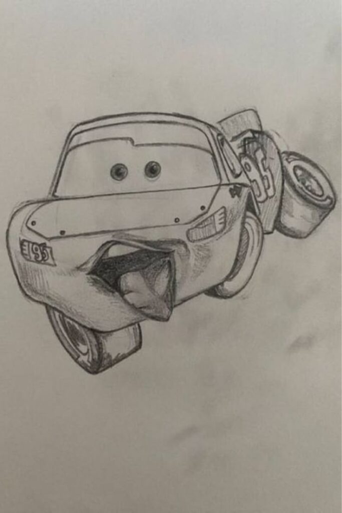 Pencil drawing of cartoon car with large eyes and number 95, showcasing artistic detail and character design.