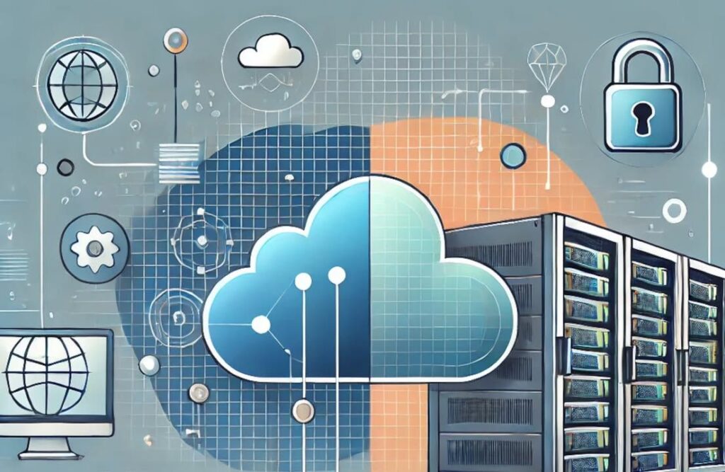 Cloud computing and network security illustration with cloud, servers, and digital elements.