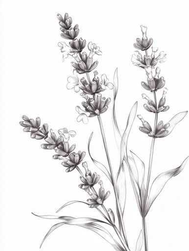 Botanical illustration of lavender flowers in black and white, showcasing detailed blooms and leaves.