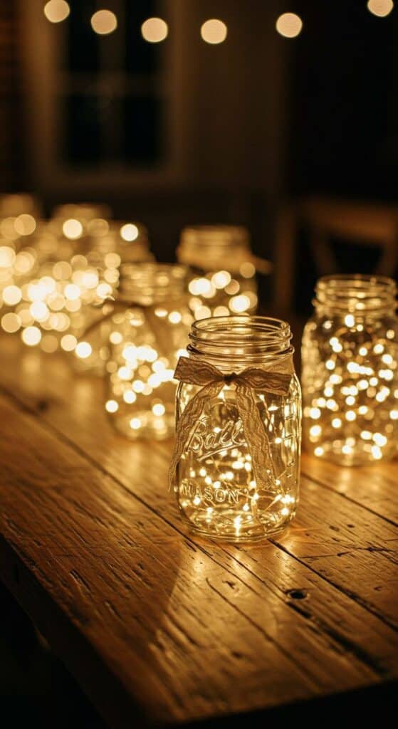 Mason jars with fairy lights on a wooden table creating a warm, cozy ambiance. Perfect for rustic decor or events.