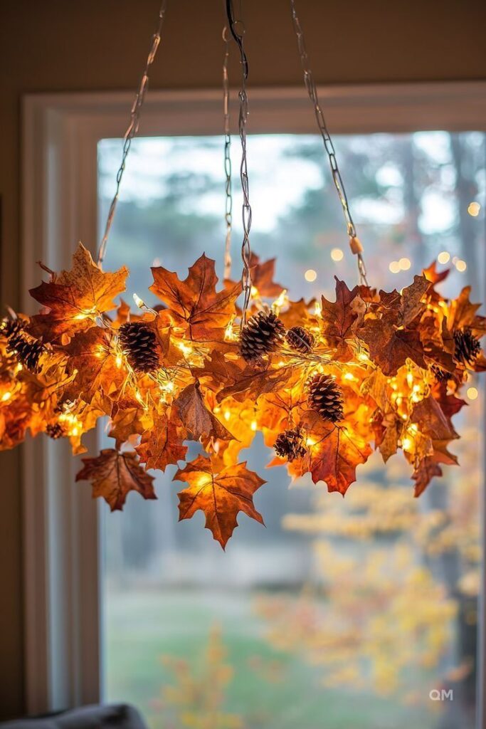 Autumn-themed chandelier with orange leaves, pinecones, and warm fairy lights creating cozy ambiance.