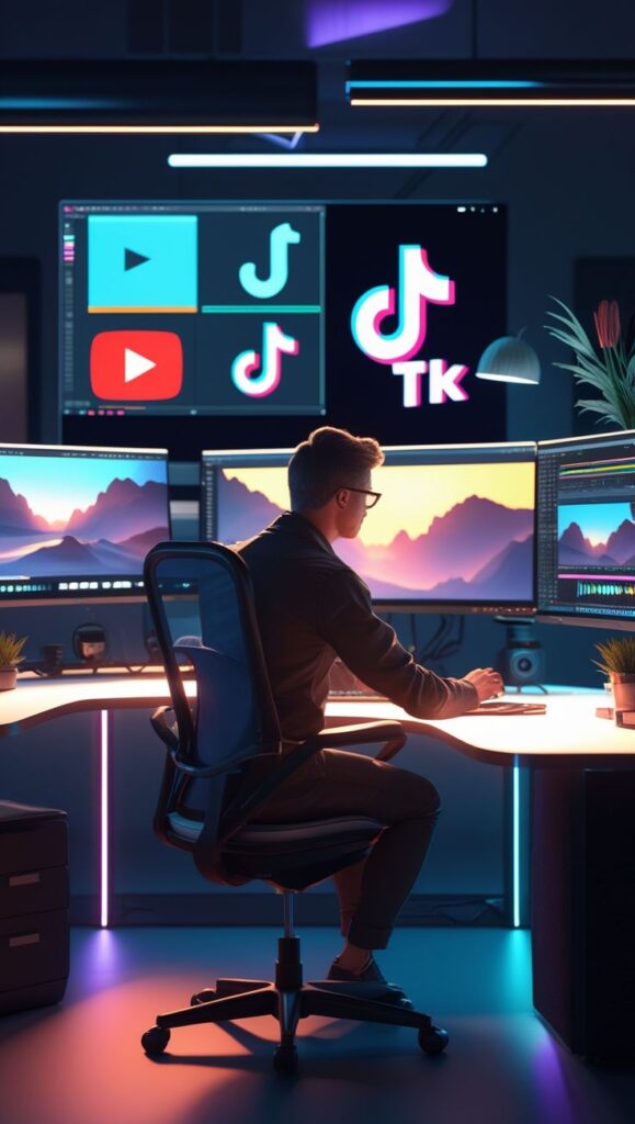 Person editing videos at a multi-screen setup, video app logos displayed in a modern studio environment.