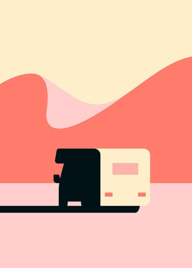 Minimalist illustration of a camper van on a pink desert landscape with wavy hills under a pale sky.