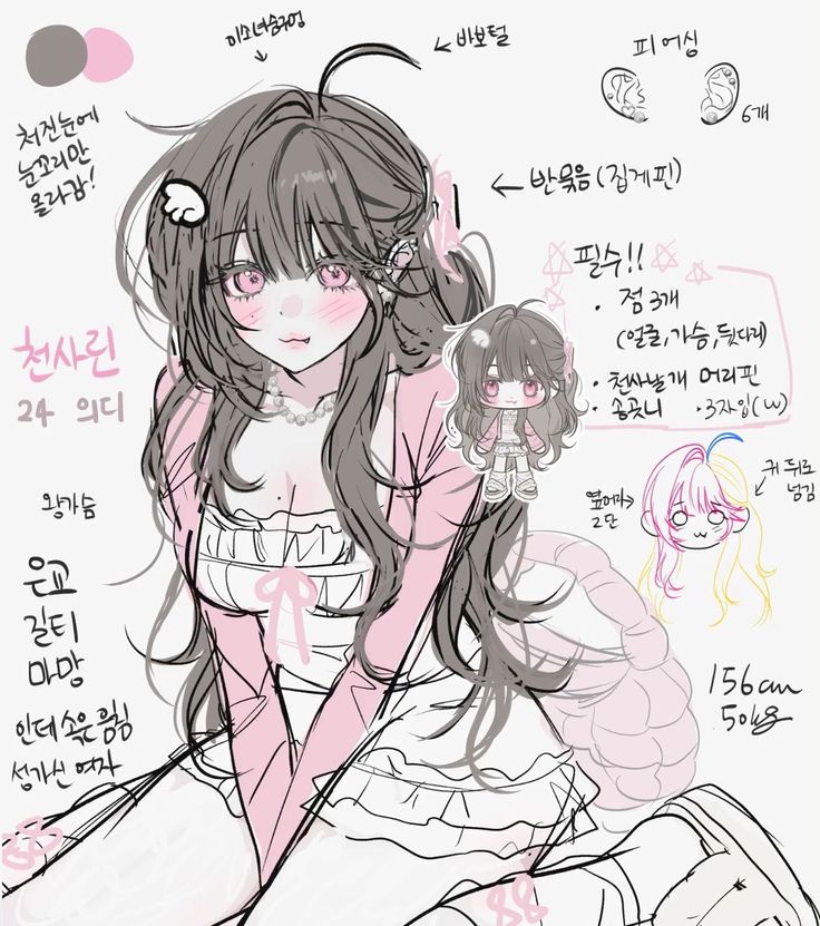 Anime girl sketch with detailed notes in Korean, featuring long hair, pink highlights, and a cute, expressive style.