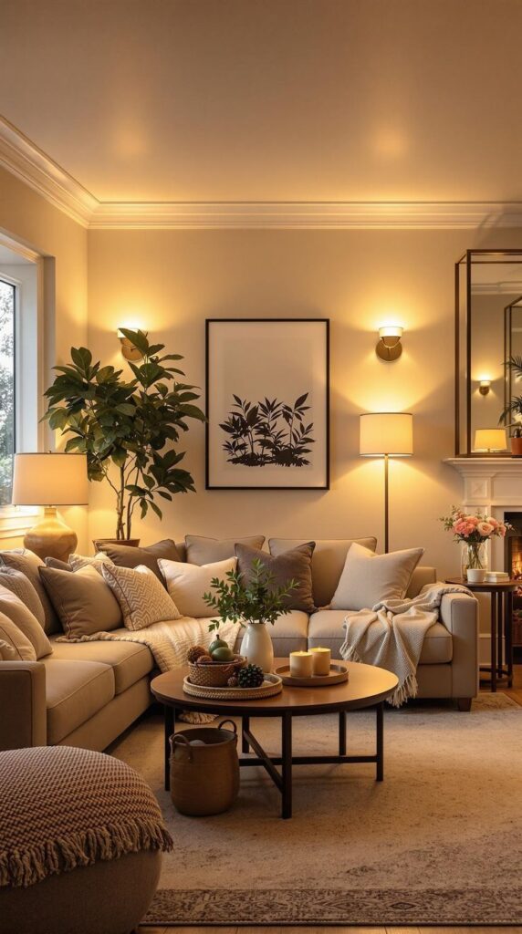 Cozy living room with beige sofa, warm lighting, plants, and modern decor for a welcoming ambiance.