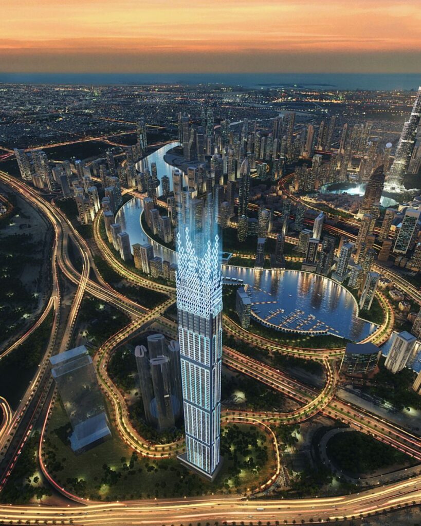 Futuristic cityscape with illuminated skyscraper, highway, and winding river at sunset. Urban skyline at twilight.