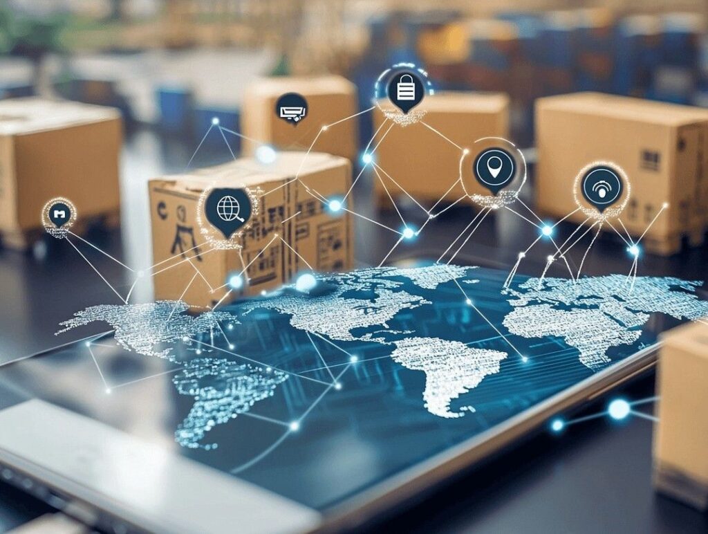 Smartphone displaying digital world map with connected global logistics icons and shipping boxes.