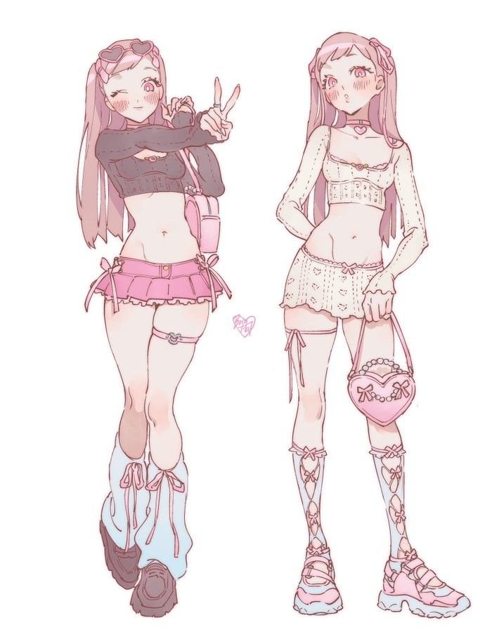 Anime-style fashion illustration with two characters in trendy outfits, pastel colors, and stylish accessories.