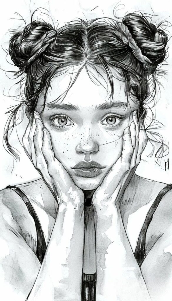 Illustrated portrait of a young woman with double buns and freckles, holding her face in her hands.