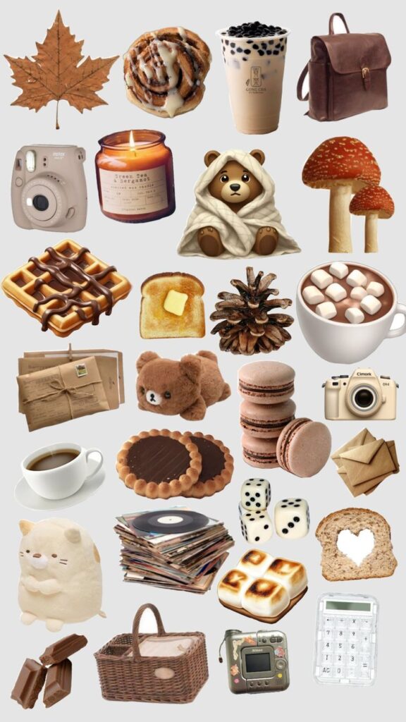 Autumn-themed collage: pastries, drinks, plush toys, retro items, and cozy accessories on a neutral background.