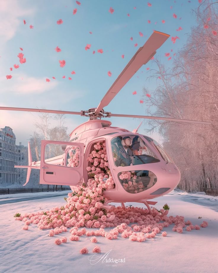 Pink helicopter overflowing with roses on a snowy landscape, under a sky with scattered petals.