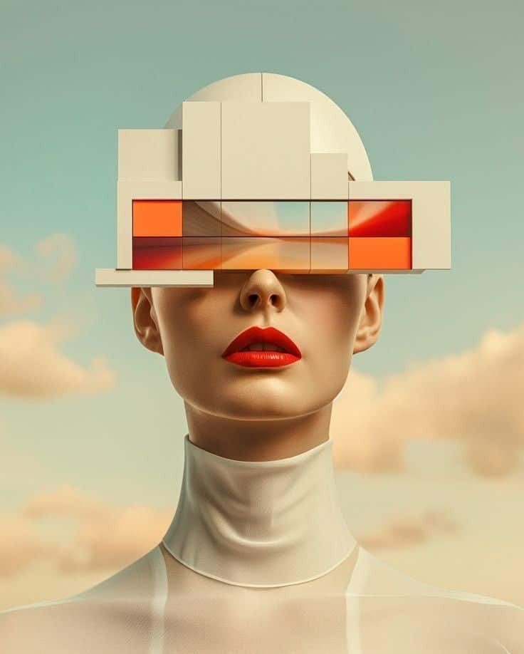 Futuristic portrait of a woman wearing geometric virtual reality headset, against a dreamy sky background.