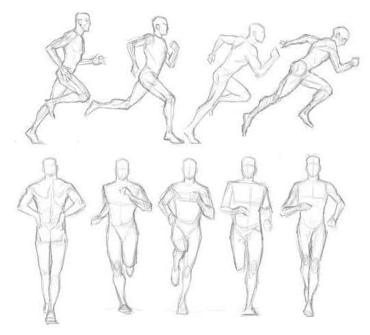 Sketches of human figures in different running poses, showcasing motion and anatomical structure.