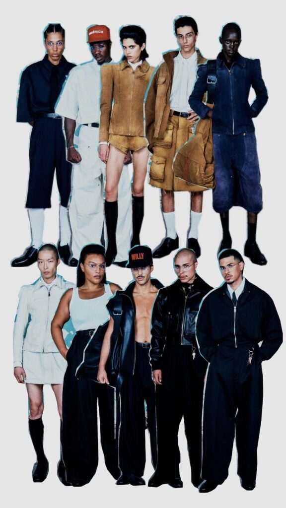 Models in bold, eclectic fashion outfits posing in a studio setting. Urban style and modern design.