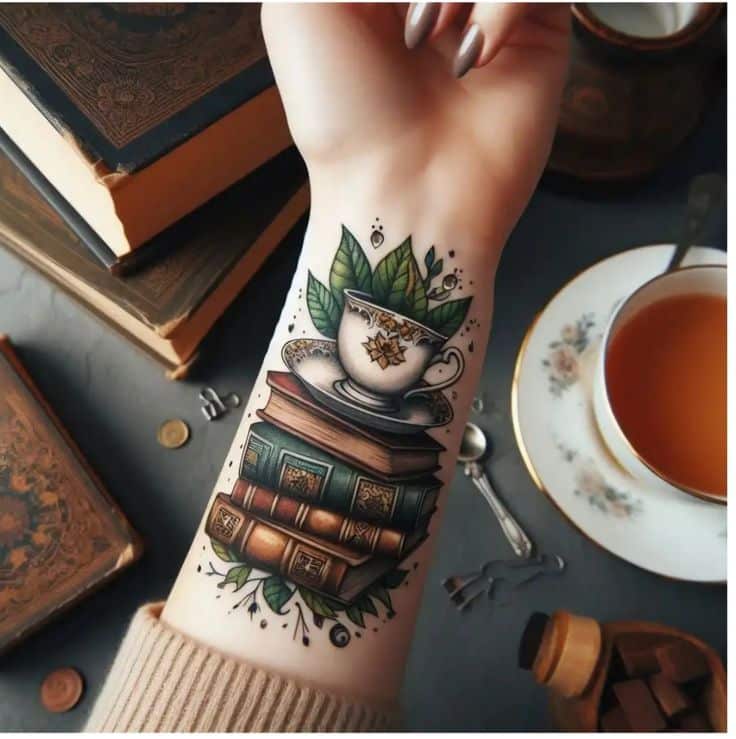 Tattoo of stacked books with teacup design on forearm, next to vintage books and a cup of tea on a table.