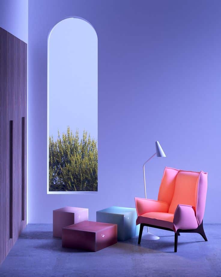 Modern interior with a pink armchair, colorful cubes, white lamp, and large window overlooking trees, in a purple room.