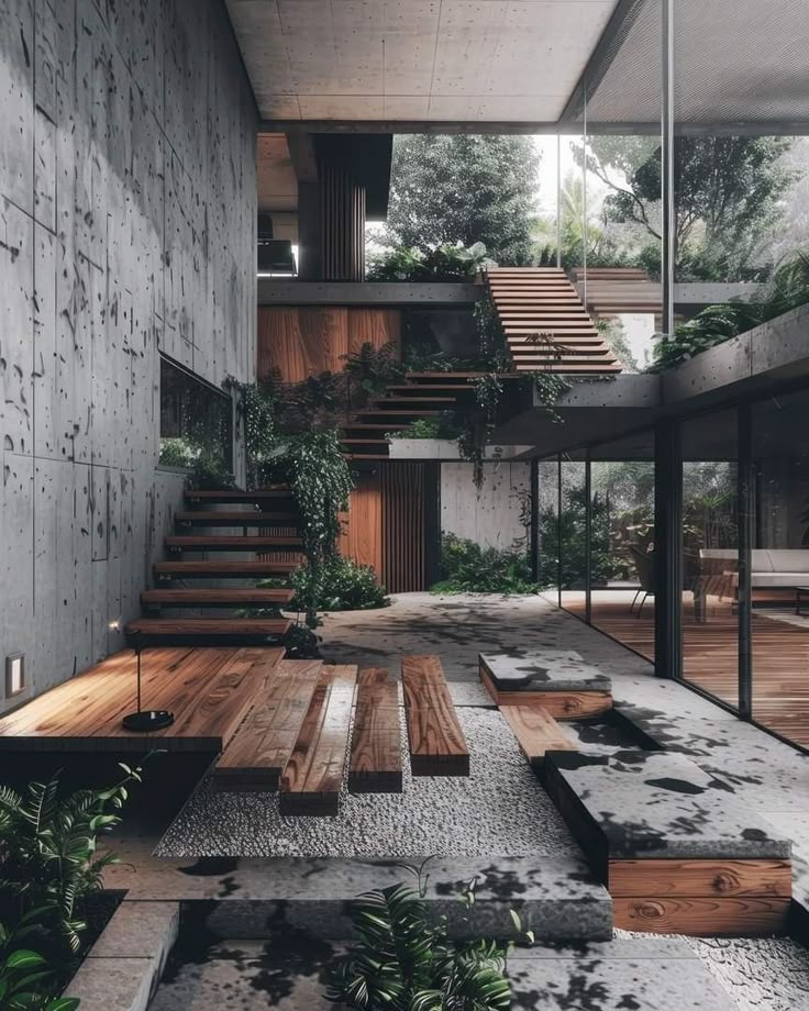 Modern architectural courtyard with wooden stairs, lush greenery, concrete walls, and floor-to-ceiling windows.