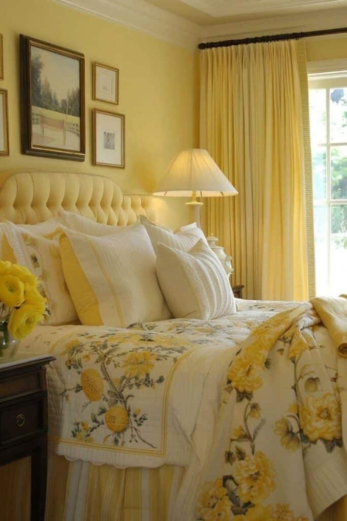 Cozy yellow-themed bedroom with floral bedding, soft pillows, and elegant framed art, illuminated by natural light.