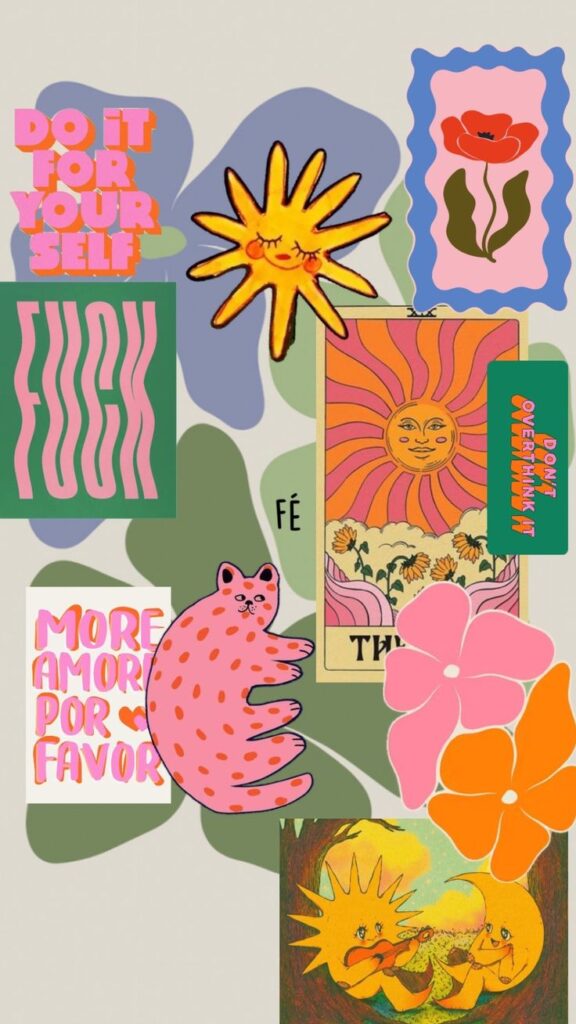Colorful collage with motivational quotes, a smiling sun, flowers, and abstract shapes. Positive and creative vibes.