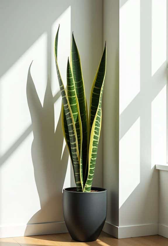 Tall snake plant in a black pot placed by a sunny window, casting a shadow on the wall.