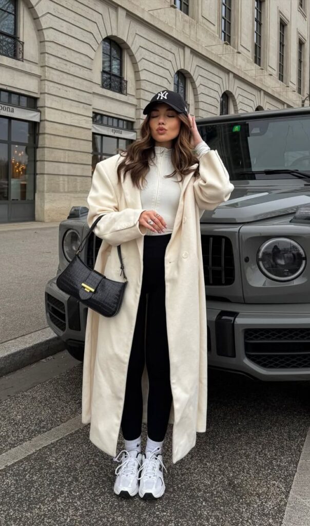 Fashionable woman in long cream coat and cap posing by SUV on city street.