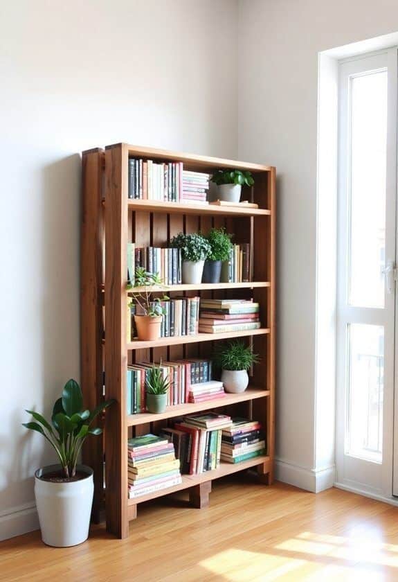 Wooden bookshelf with books and plants by a sunny window in a cozy room.
