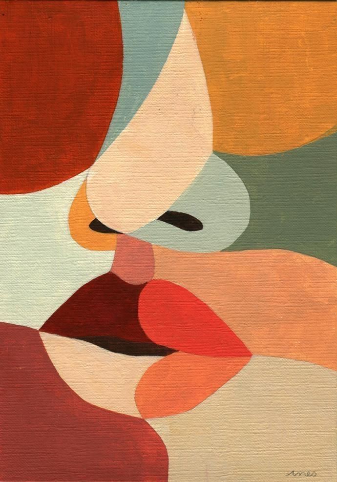 Abstract painting with overlapping colorful shapes forming a facelike image with lips.