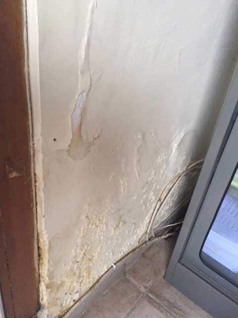 Wall with peeling paint and damp damage near cables, indicating water leaks and moisture issues in interior space.