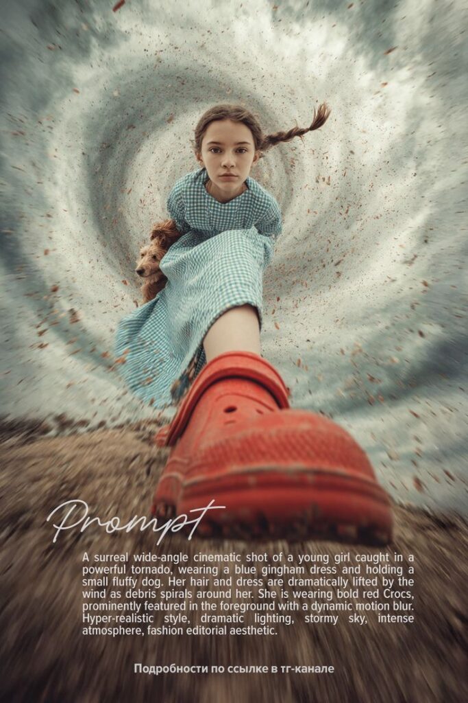 Young girl in blue dress with red shoes caught in tornado, debris swirling, dramatic and surreal atmosphere.
