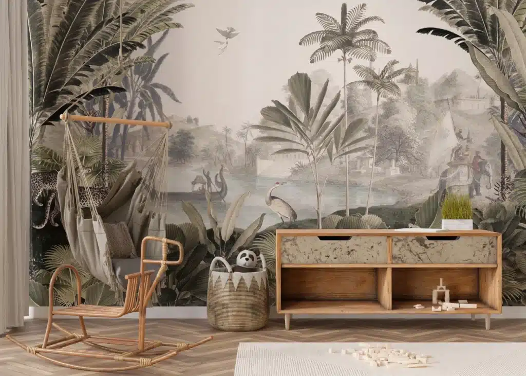 Jungle-themed room with hanging chair, wooden rocker, mural, and storage basket on wooden floor.