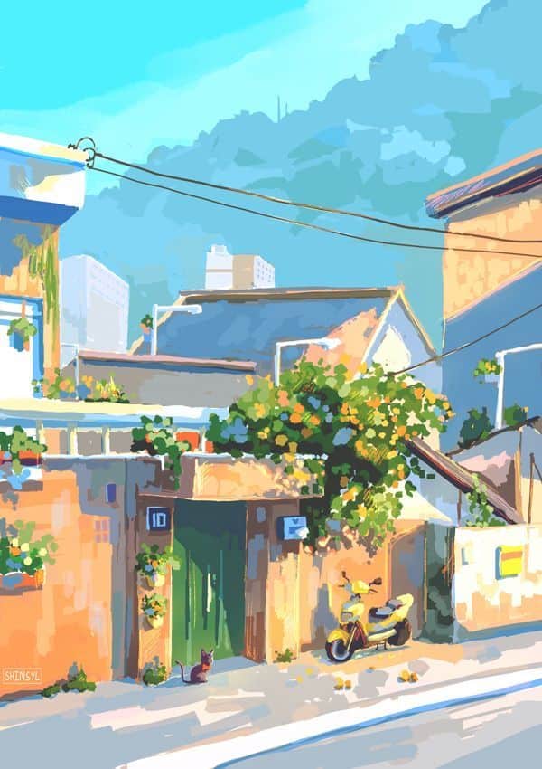 Colorful street scene with flowers, a scooter, and buildings under a clear blue sky, captures urban tranquility.