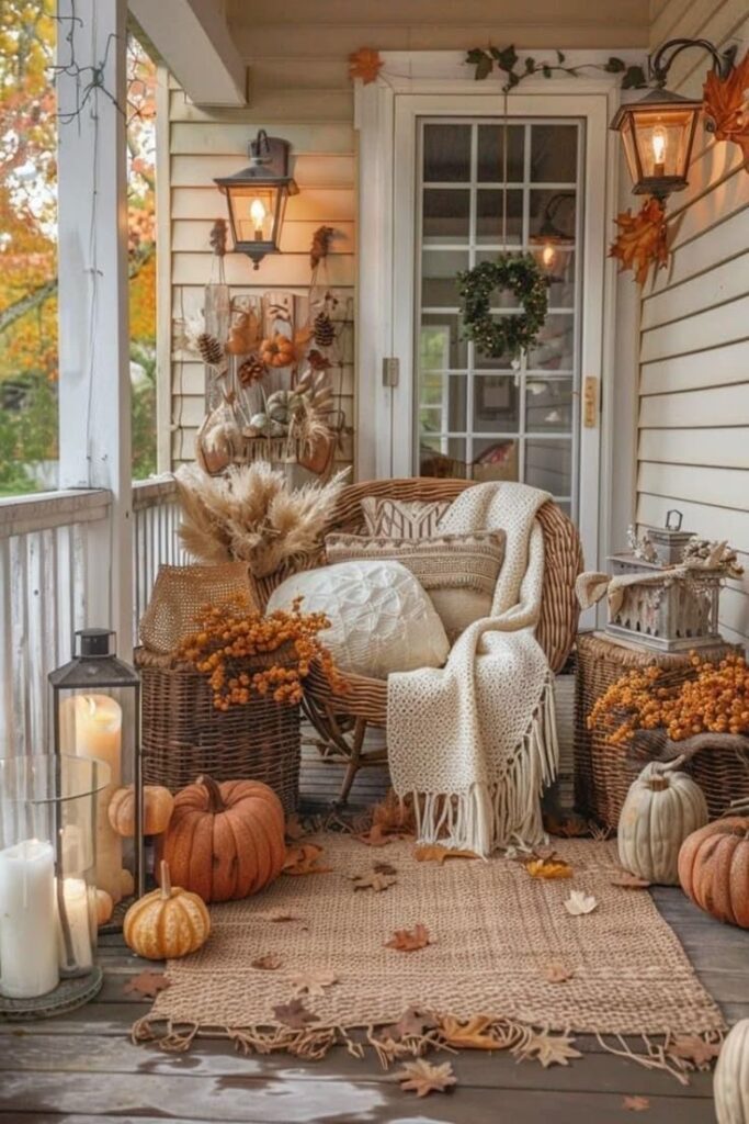Cozy autumn porch with pumpkins, lanterns, and knit blanket on wicker chair, perfect for fall decor inspiration.