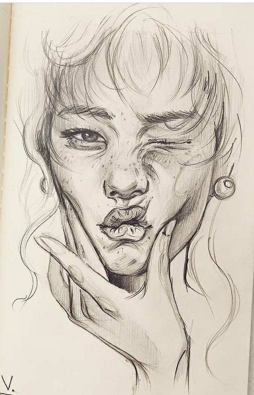 Pencil sketch of a person winking with puckered lips and hand on chin, conveying playful expression.