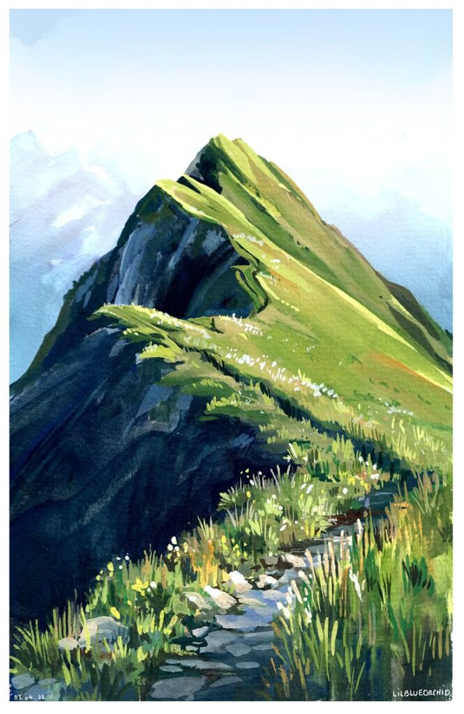Watercolor painting of a lush green mountain peak with a winding trail and vibrant foliage under a clear sky.