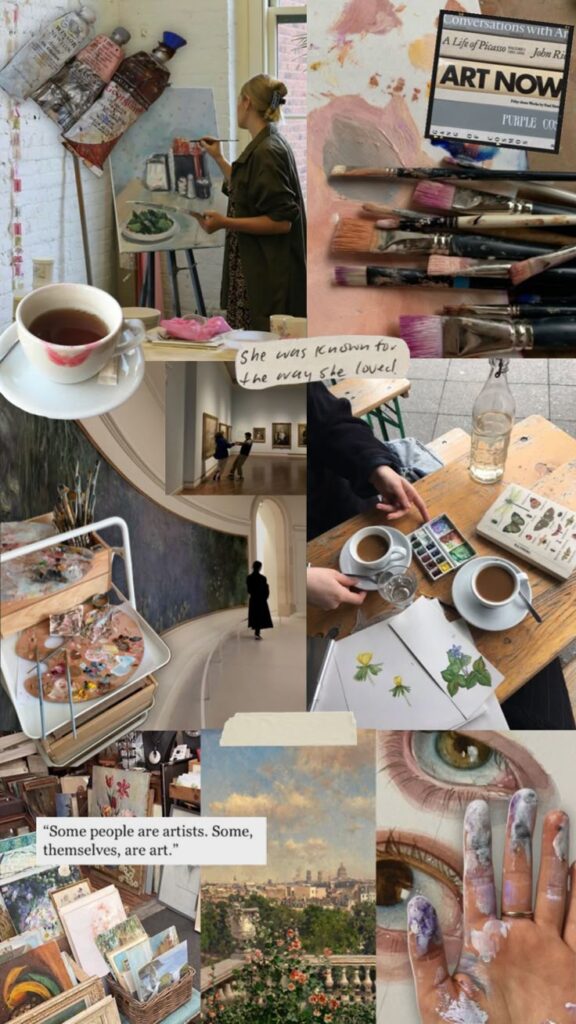 Collage of art supplies, painting in progress, artworks, and inspiring quotes on creativity and art appreciation.