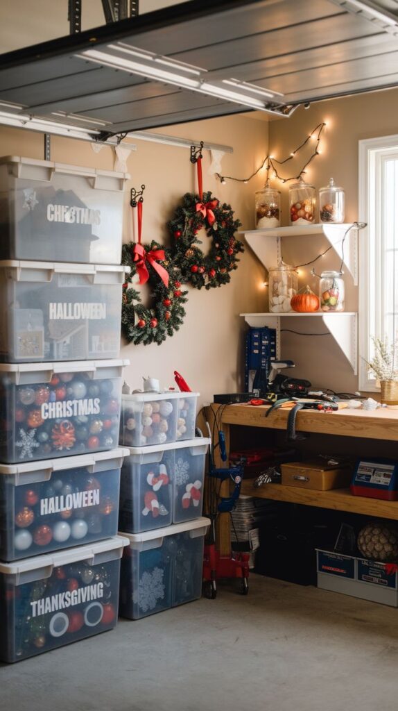 Organized garage with holiday storage bins and festive decor on shelves and walls.