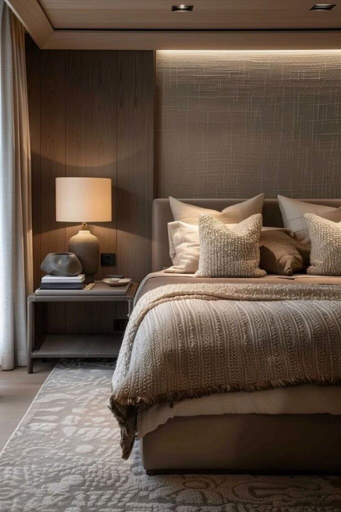 88754e66-7979-434f-ad51-270b75b3b34c Cozy bedroom with a neutral palette, soft lighting, and plush bedding creates a serene, inviting atmosphere. | Sky Rye Design Cozy bedroom with a neutral palette, soft lighting, and plush bedding creates a serene, inviting atmosphere.