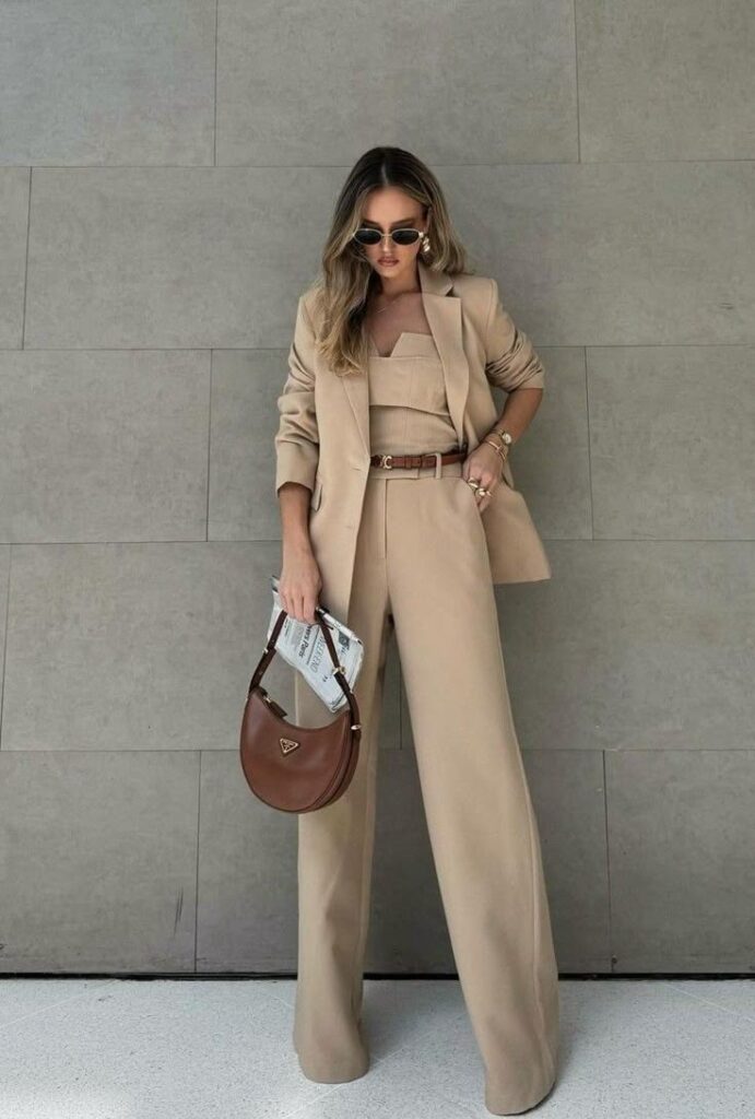 Stylish woman in a beige suit and sunglasses holding a brown handbag against a modern gray wall.