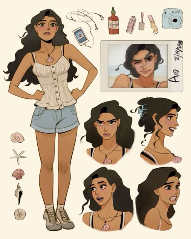 Character design illustration with various expressions, accessories, and summer outfit elements.